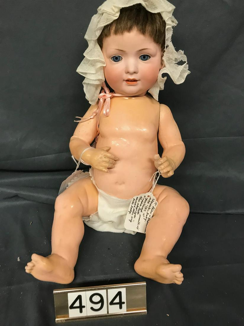 Bahr Proschild Bisque Head Doll: Bent limb body, blue eyes, comp body, brown wig. 19" tall. Marked 585/10