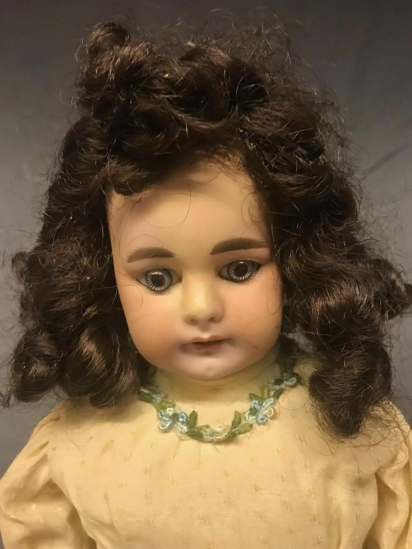 Bisque Head Doll: Pierced ears, shoulder head, blue eyes, open mouth, kid body, dark brown wig. Marked 50/8.