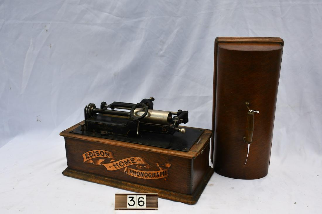 Edison Home Cylinder Phonograph: No reproducer or crank. Long case with cover