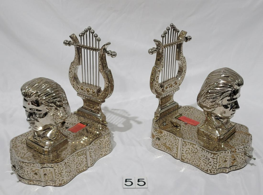 Large Pair of Zimbalist Beethoven Musical Bookends: Reuge Swiss Movements, Nickel Silver plate on brass. Attributed to Fred Zimbalist(1909-2003), Founder of Zimbalist Music Co., Cleveland, OH. Each measures 6 x 10 x 11.5.