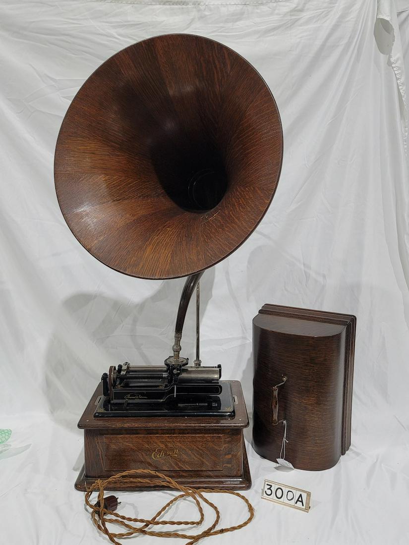 Edison Triumph "ALVA" Cylinder Phonograph: Electric, Model E, O Reproducer, Wood Cygnet Horn, Edison Phonograph Motor Type ADC. SN-76218.