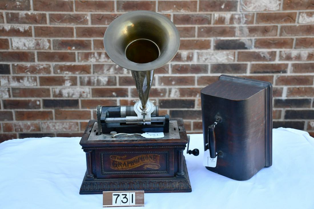 Columbia "AO" Cylinder Phonograph: Lyre reproducer, crank, all brass horn, and cover