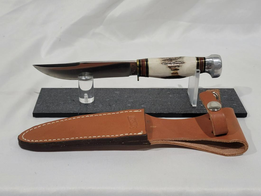 Marbles Expert: Stag/aluminum. 5" blade, total length of 9-1/2". With sheath and original box