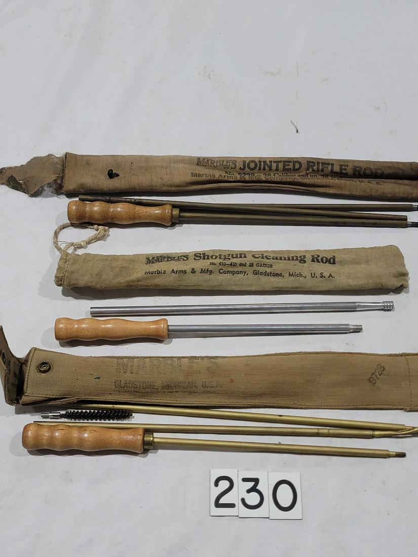 (3) Marbles Cleaning Rods: (1) Marbles Jointed Rifle Rod, (1) Shotgun cleaning rod, and (1) bag marked Marbles.