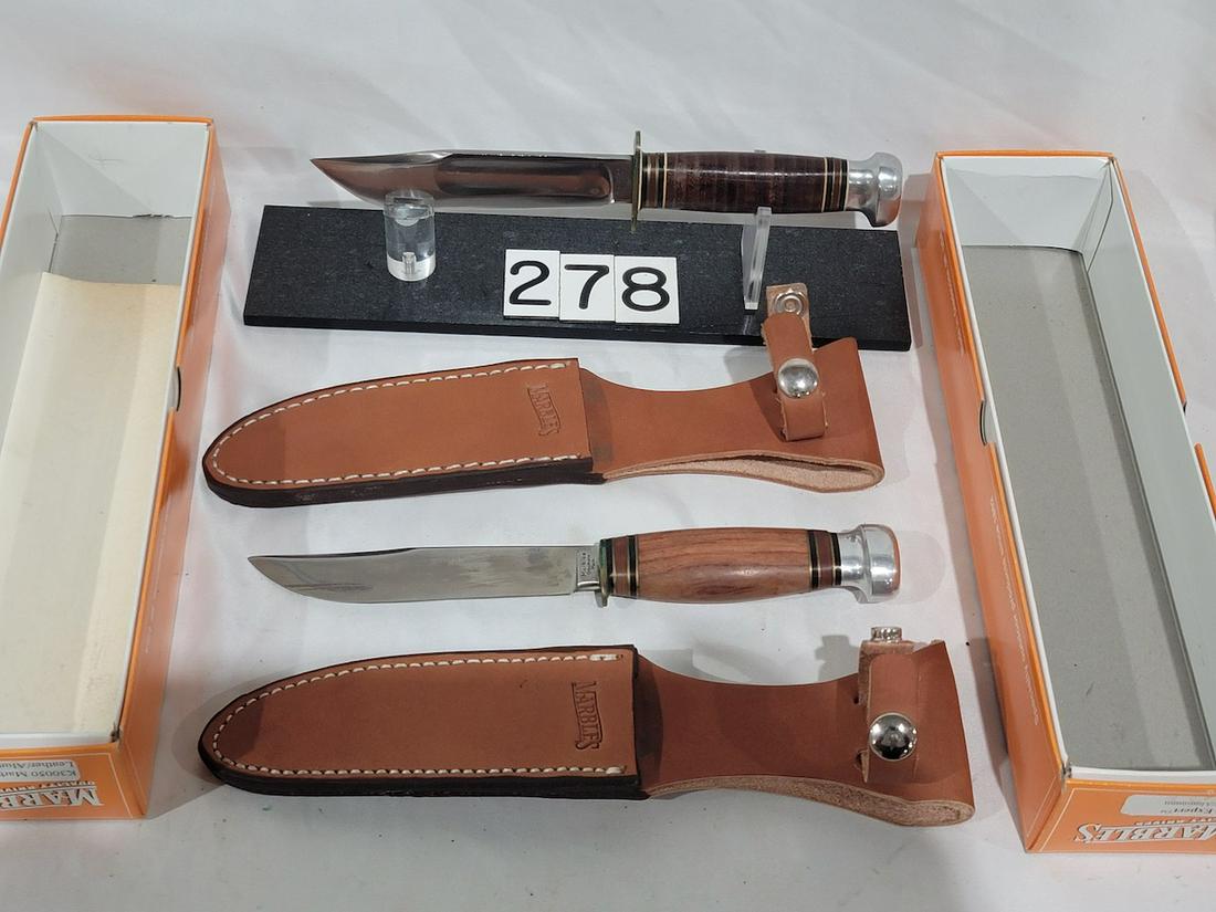 Marbles Ideal & marbles Expert knives: both with sheaths. Ideal measures 5" blade, 9-1/2" total. Leather wrapped handle with aluminum pommel. Expert 5" blade, 9-1/2" total length. Rosewood handle with aluminum pommel.