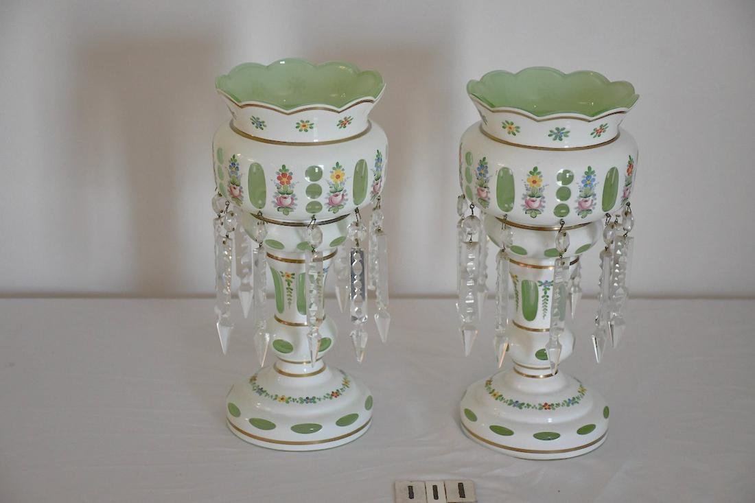 Pair of Mantle Lustres: Long large prisms. 12" tall. Cut back with handpainted decoration