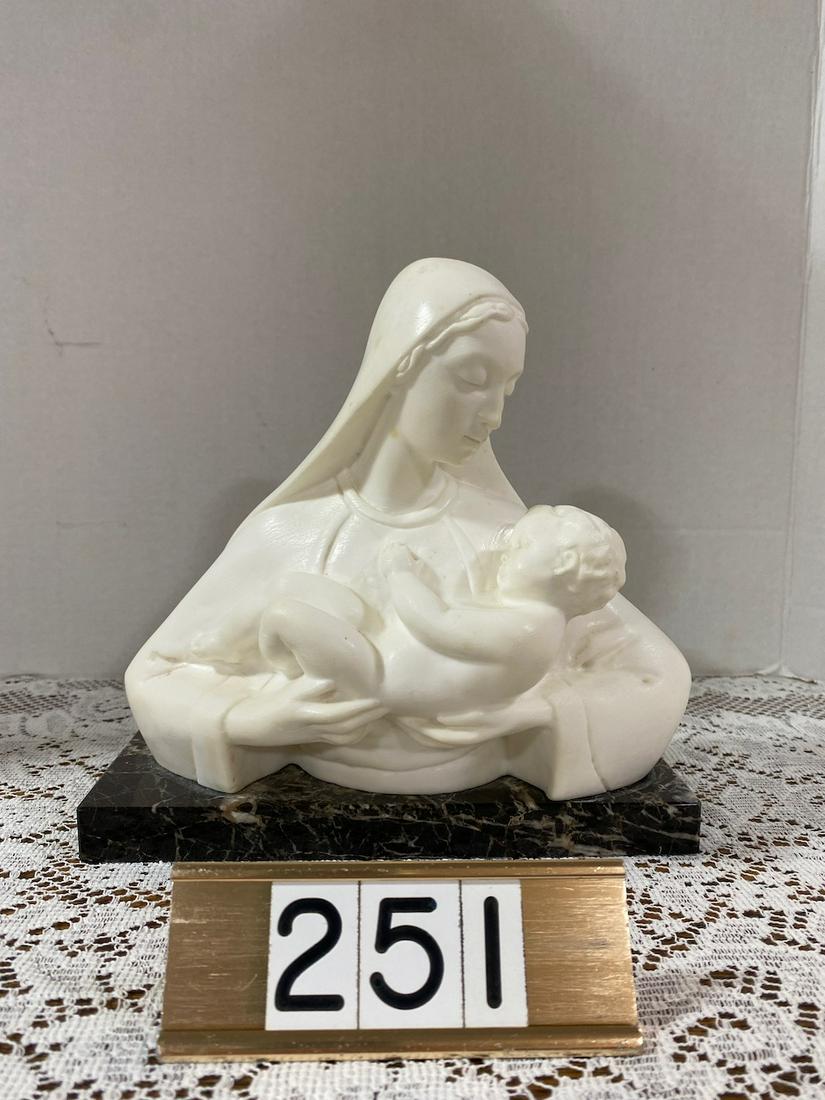 Vintage Abalone Sculpture: on marble base. Made in france by Alclo Bartelletti. 1898-1976. Madonna & Child: 1930-40. 9" wide x 8" tall x 4-1/2" deep.