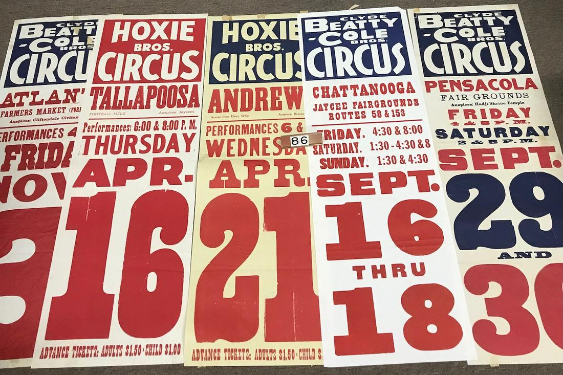 (5) Circus Posters- words only: Clyde Beatty-Cole Bros Circus Atlanta Farmers Market Nov. 3rd, Clyde Beatty-Cole Bros Circus Pensacola Fairgrounds Sept. 29 & 30, Hoxie Bros Circus Tallapoosa Football Field April 16th, Hoxie Bros. Ci