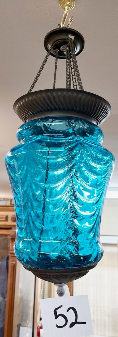 Victorian Hall Lamp: Blue drape pattern shde, in a brass frame