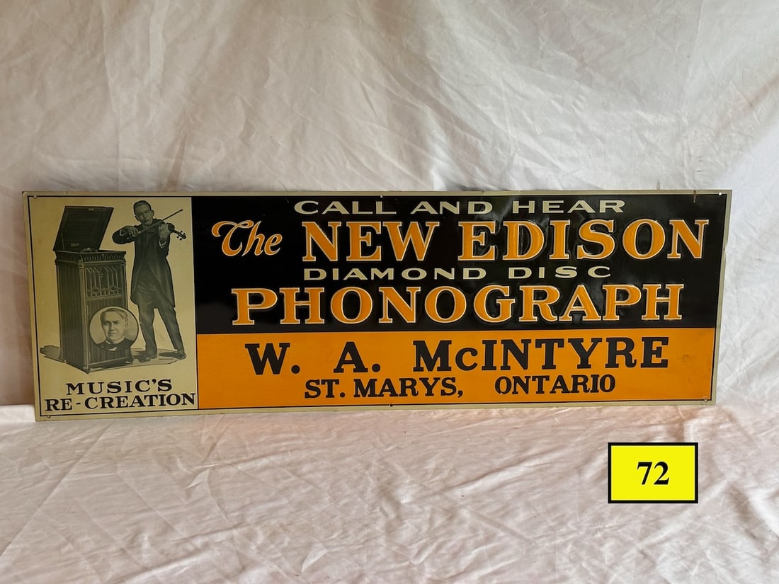 Call And Here The New Edison Diamond Disc Phonograph Embossed Tin Dealer Sign. (1 of 2)