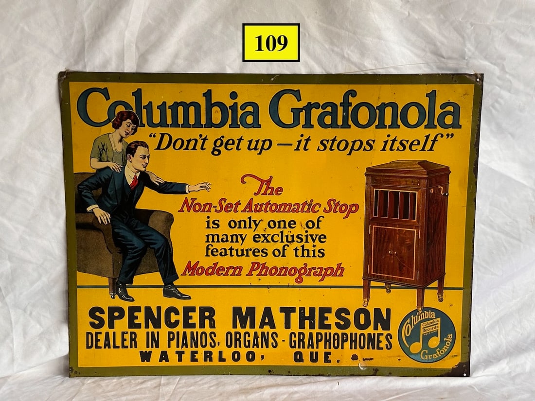 Columbia Grafonola "Don't Get up-it stops itself" Tin Dealer Sign (1 of 3)