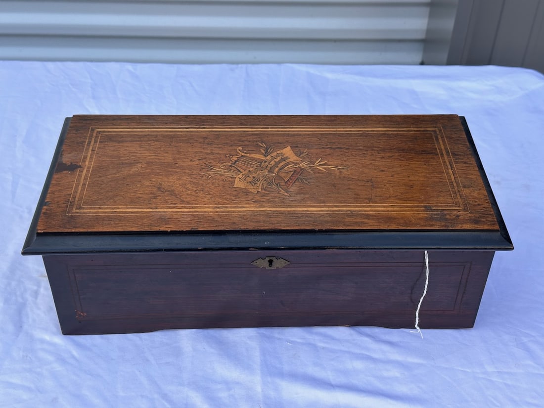 Cylinder Music Box: Ratchet wind. 8" cylinder, 5 broken teeth, inlaid top