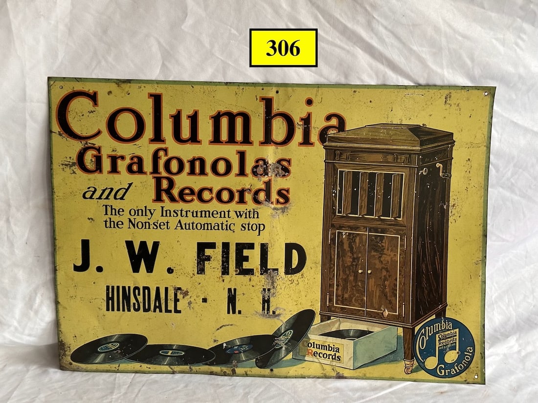 Columbia Grafonolas and Records Tin Dealer Sign: The Only Instrument with the Nonset Automatic Stop. J. W. Field, Hinsdale-N.H. 21"W X 14.5"H