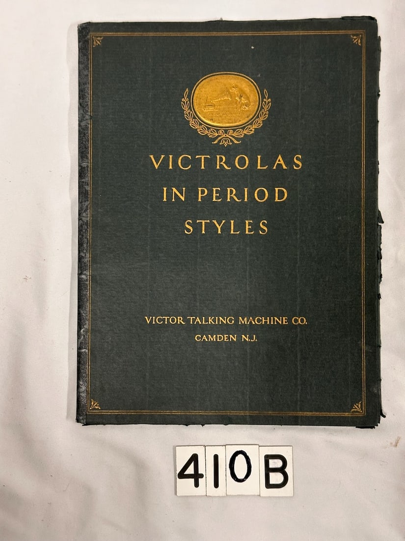 Victrola In Period Styles Color Catalog: 12-½” by 9”, Original with outstanding color lithographs of the Victor's period offering in 1920. Contains full color plates 5202-5206 and 5208-5213 and the gold-leaf printed text f