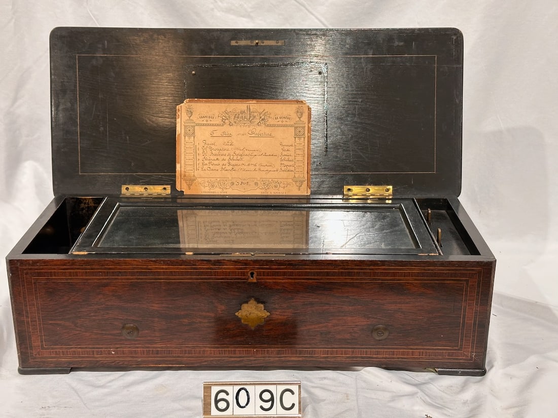 Swiss 13" Cylinder Music Box: 6 airs, no broken teeth, Inlaid top