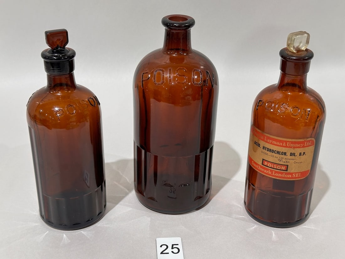3 Large Amber Poison Bottles (1 of 3)