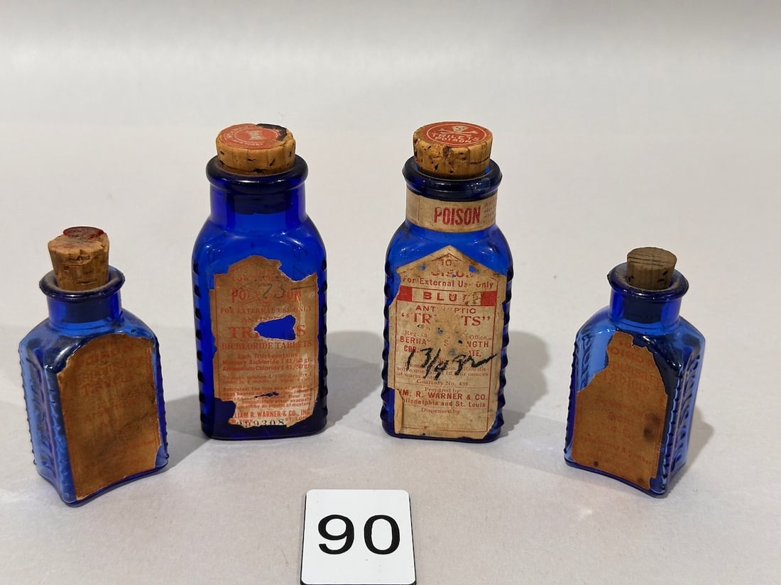 4 Cobalt Poison Bottles with Labels (1 of 3)