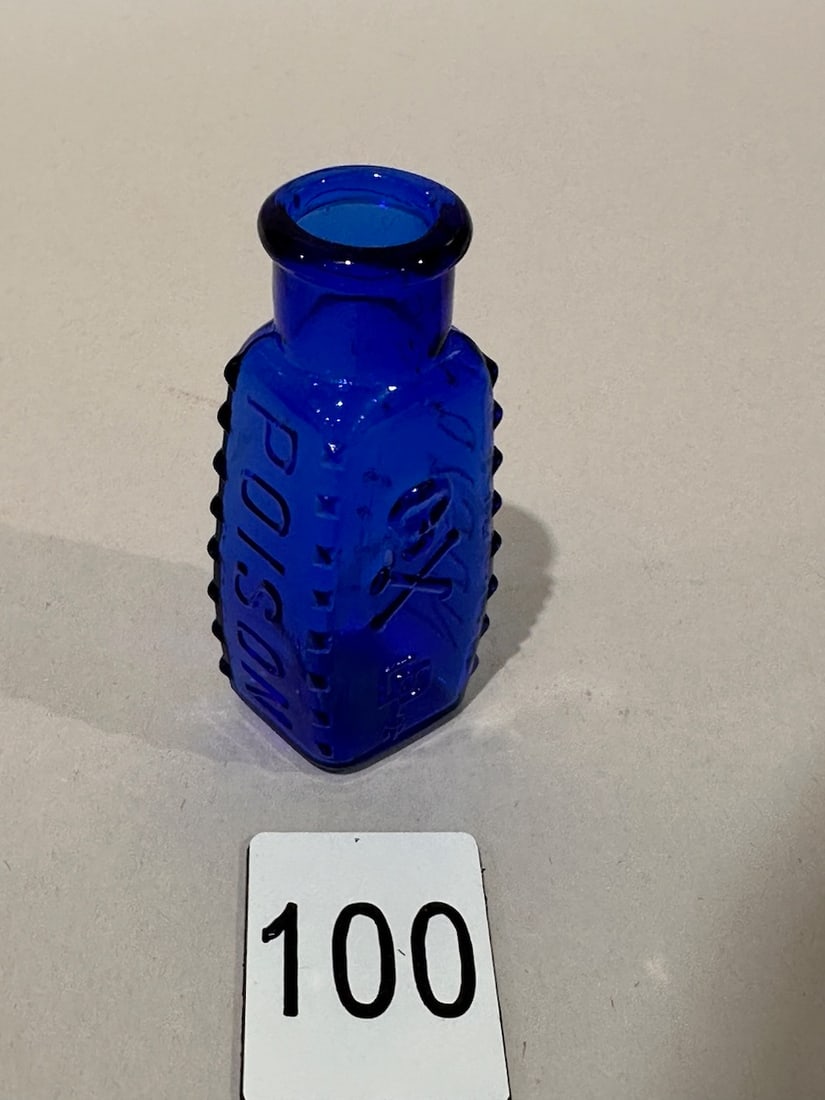 Cobalt Skull and Crossbones Poison Bottle: Hobnail, Marked Poison with Skull and Crossbones 3"