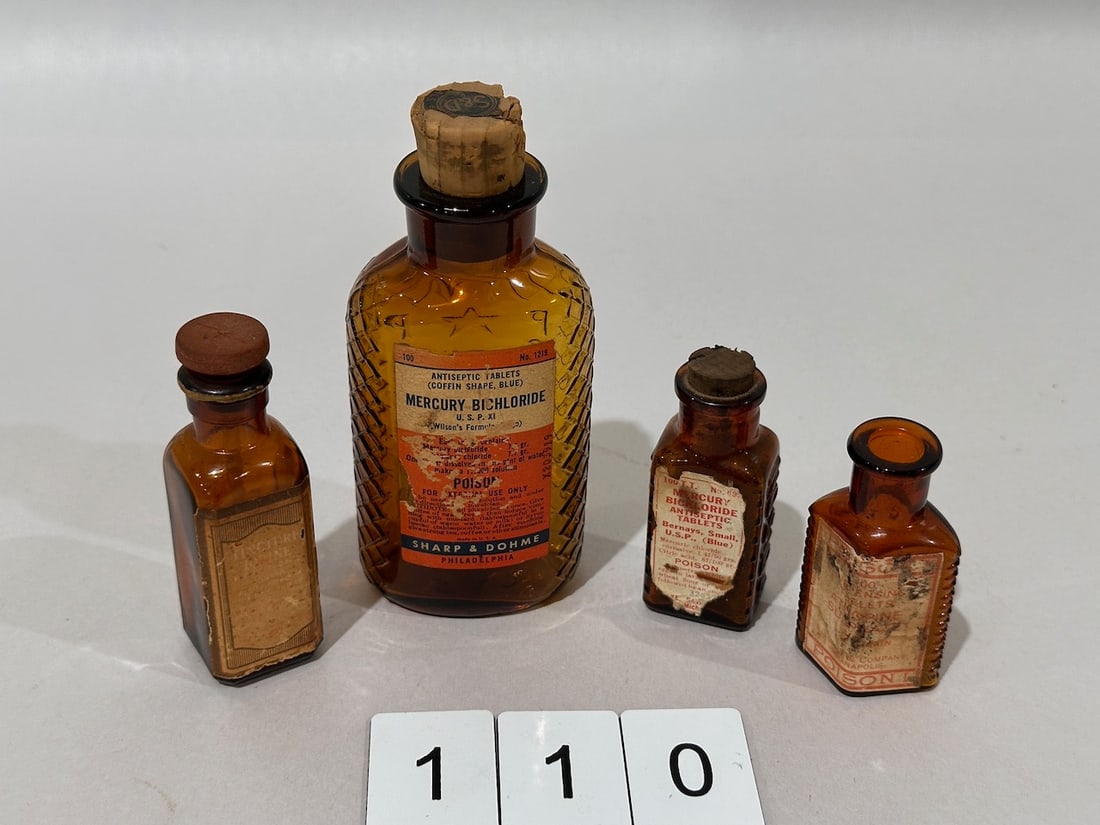 4 Cobalt Poison Bottles with Paper Labels (1 of 3)