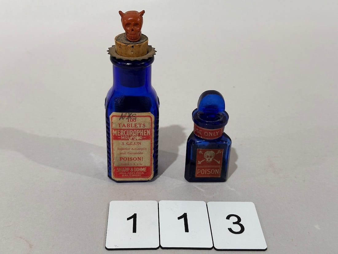 2 Cobalt Poison Bottles with Paper Labels (1 of 4)