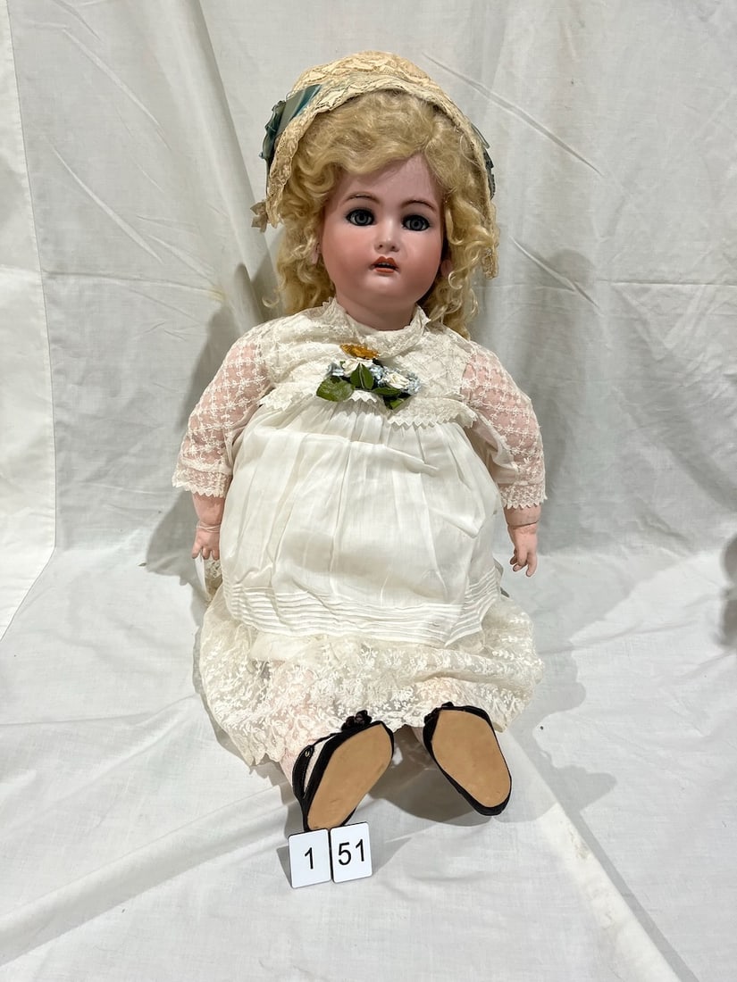 K * R Antique Bisque Doll: A large Simon & Halbig example. Glass eyes, OM with teeth and pierced ears. 29".