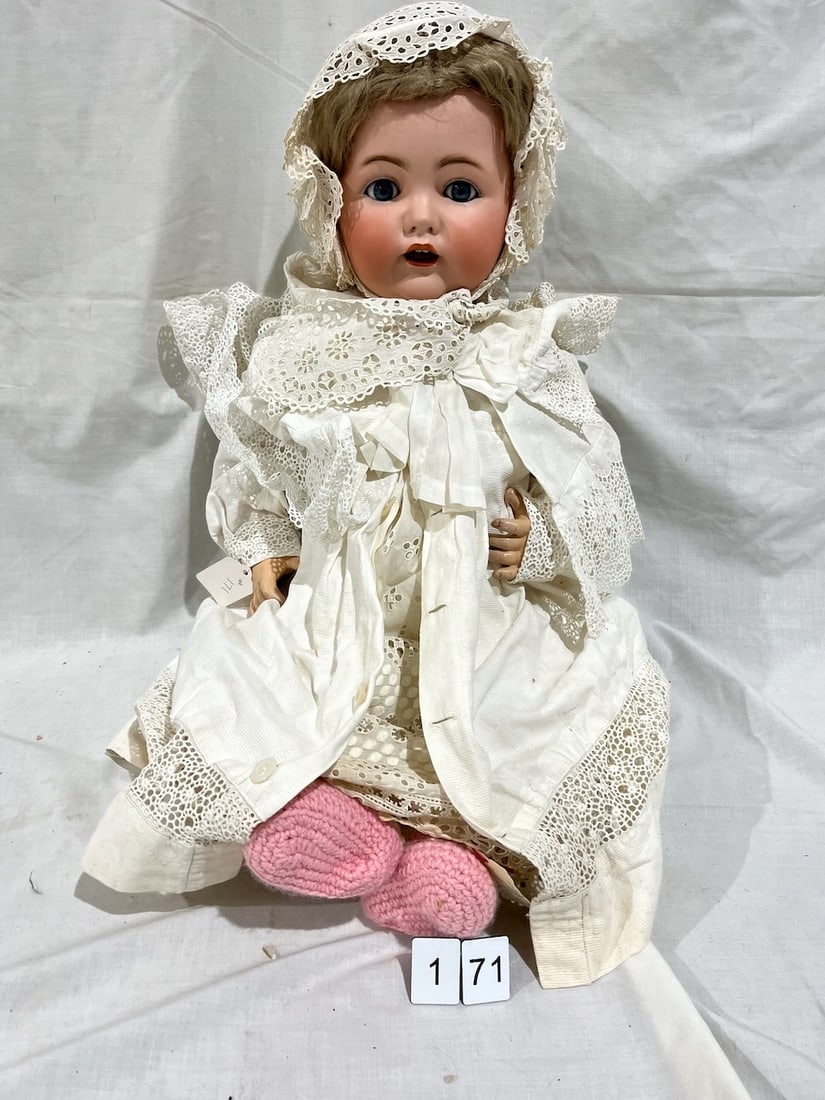 Kestner Antique Bisque Doll: Life size Baby" No. 257. JDK. Glass eyes, OM with teeth and tongue, composition body. 31