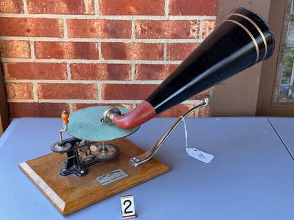 Replica Berliner Hand Crank Phonograph: Complete.