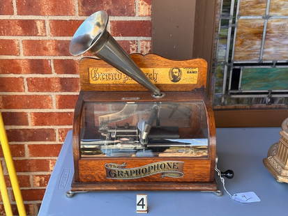 Columbia BS Coin Operated Phonograph: Complete machine in curved glass case with backboard and crank