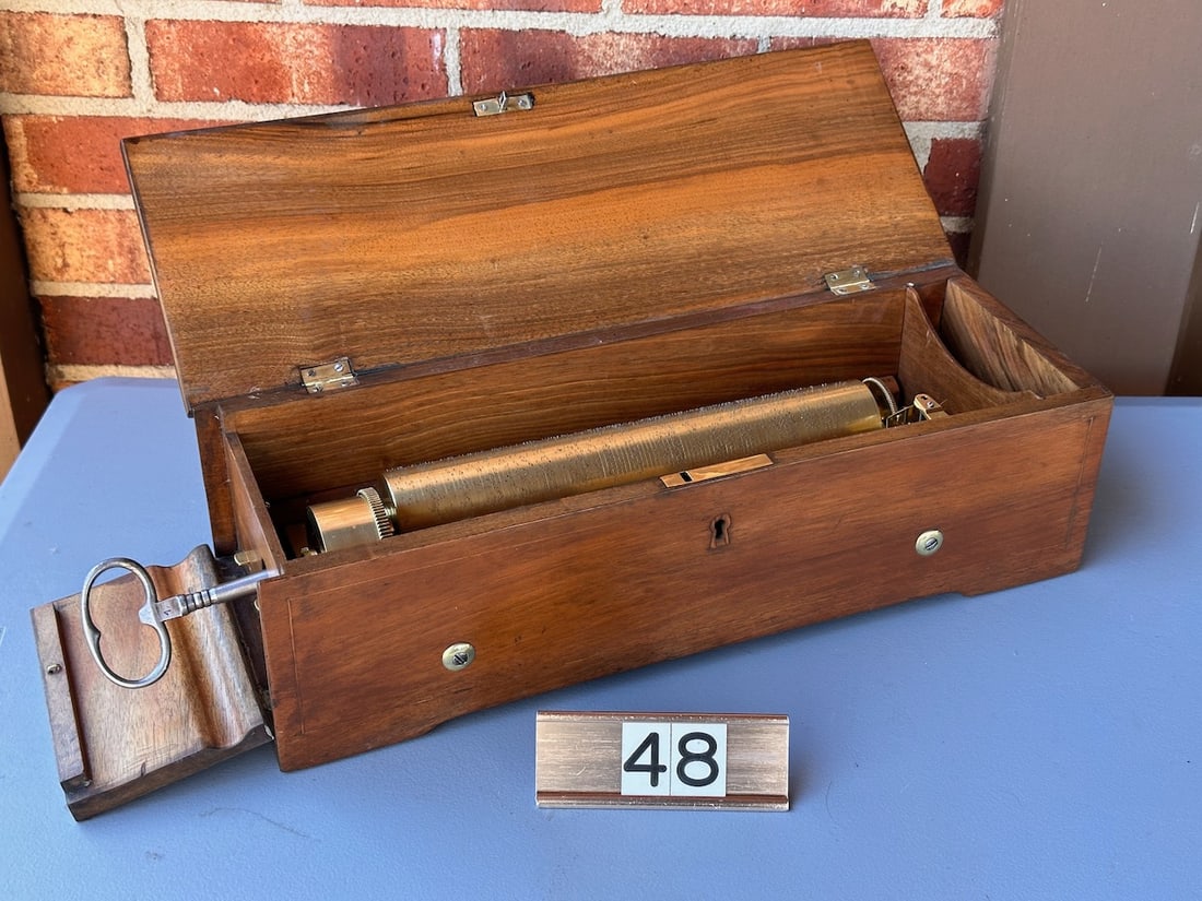 Antique Cylinder Music Box: Drop end cylinder box. Key wind. No broken teeth. The cylinder is 11". LFG marking