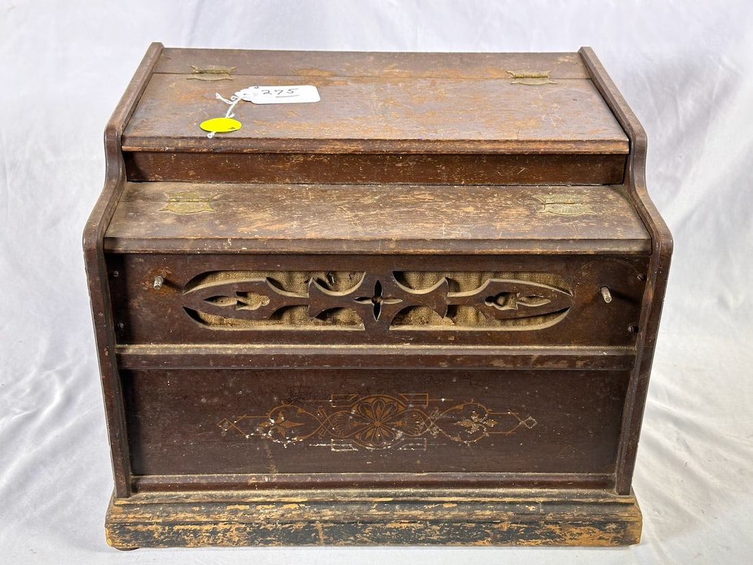 Antique Paper Roll Organ "Bijou Orchestrone": No crank. Walnut case.