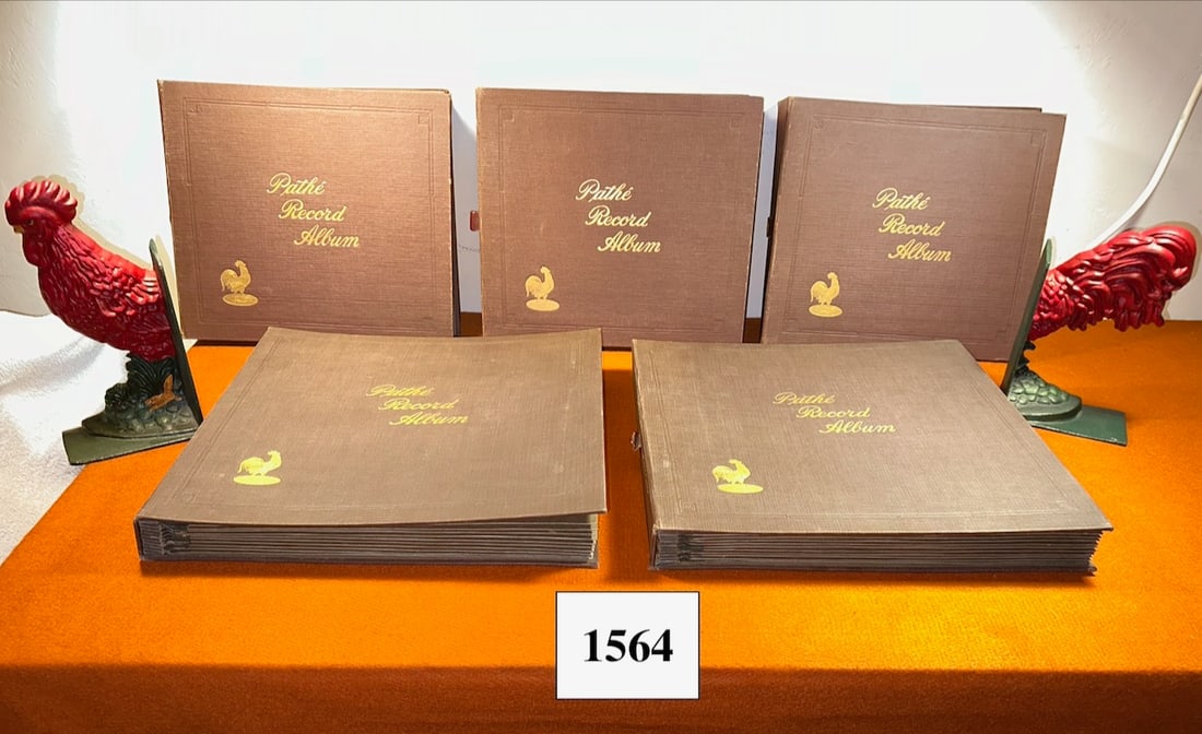 Pathe Record Album Set (2) 11.5" & (3) 10.5" & Painted Metal Rooster Bookends (1 of 1)