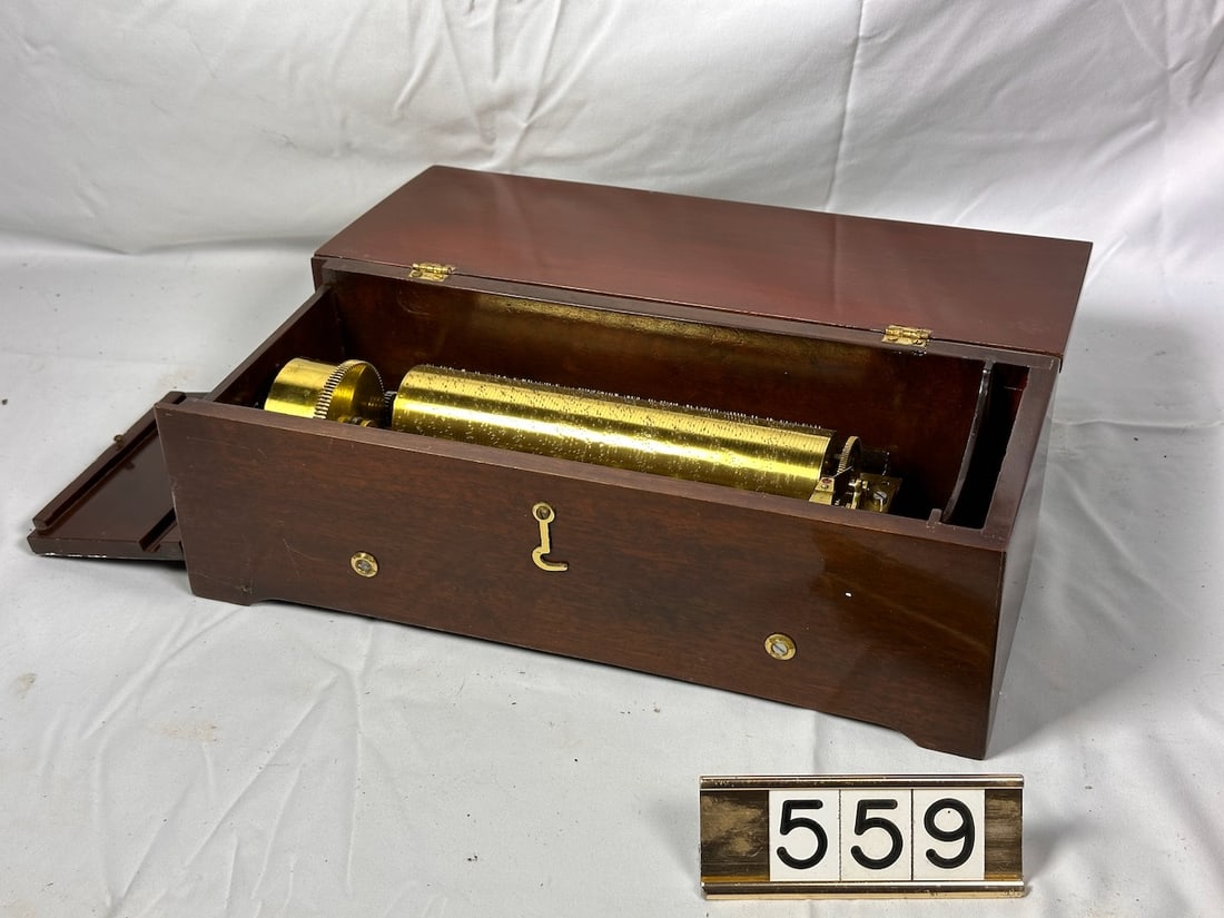 Cylinder Drop-end Music Box: 8" brass cylinder. No winding key. No broken teeth