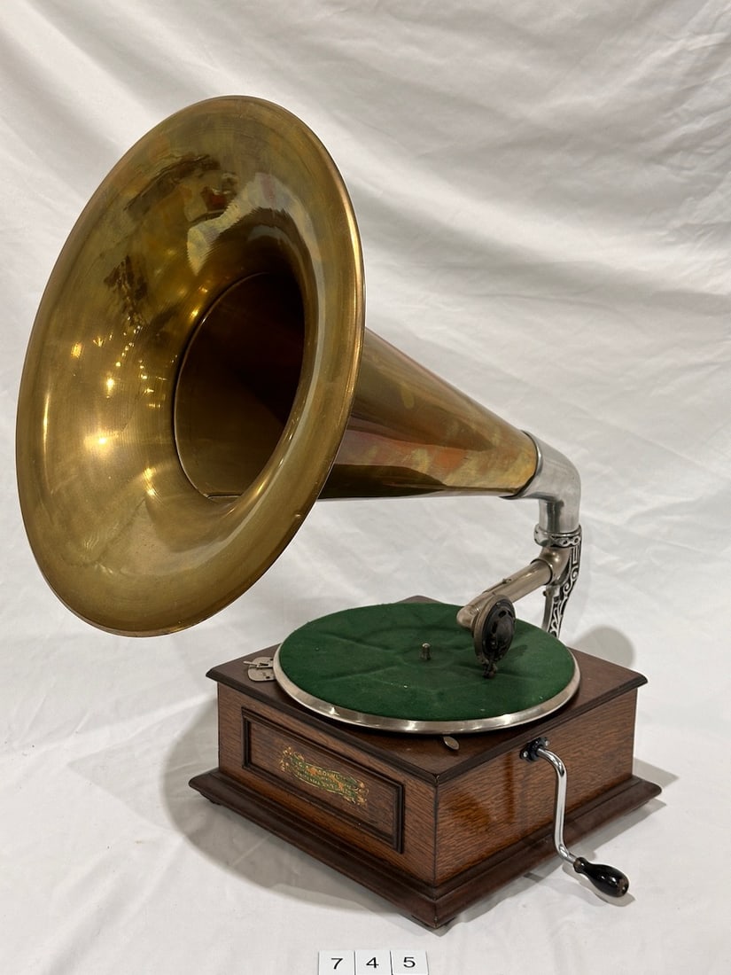 Foreign Disc Phonograph: reproducer, crank, all brass horn. Made in India