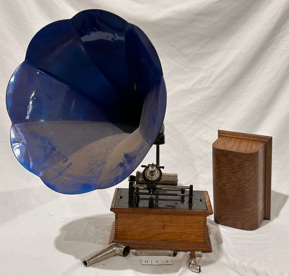 Columbia "BKT" Rear Mount Cylinder Phonograph: reproducer, 8 panel horn. No crank, Missing bail on cover.