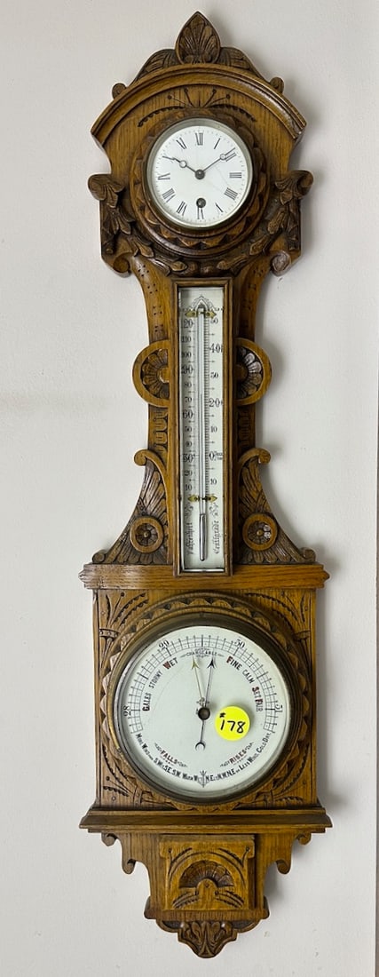 Walnut Victorian Clock, Thermometer & Barometer (1 of 4)