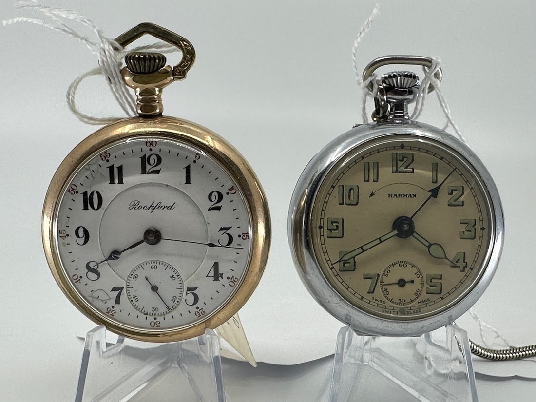 2 Pocket Watches: Harman Pocket Alarm Swiss & Rockford 18s, 17j, 5 L.S. D.S dial "Winnebago" 724340 c.1907
