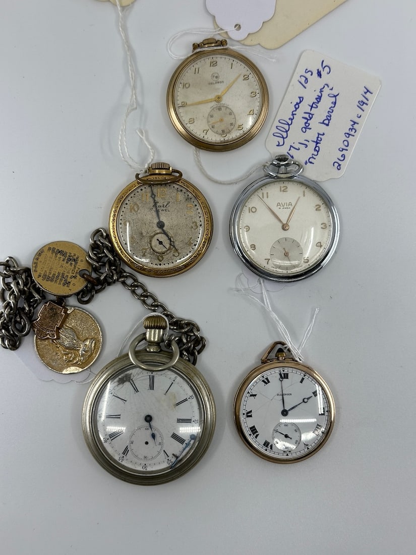 Group of 5 Pocket Watches: Includes Helbros, Avia, Illinois "Motor Barrel", & Earl. Various conditions, Untested.