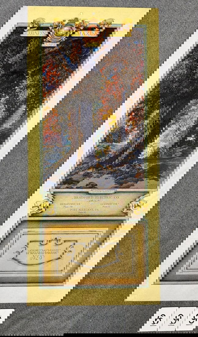 Edison Mazda Lamps 1929 Calendar: Bradford Electric, Port Allegany, PA. Maxfield Parrish Illustration, "Golden Hours"