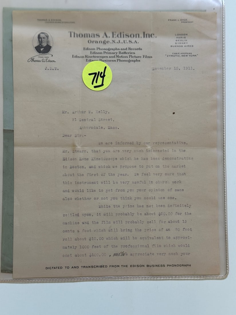 2 Edison Letter regarding the Kinetoscope. (1 of 2)