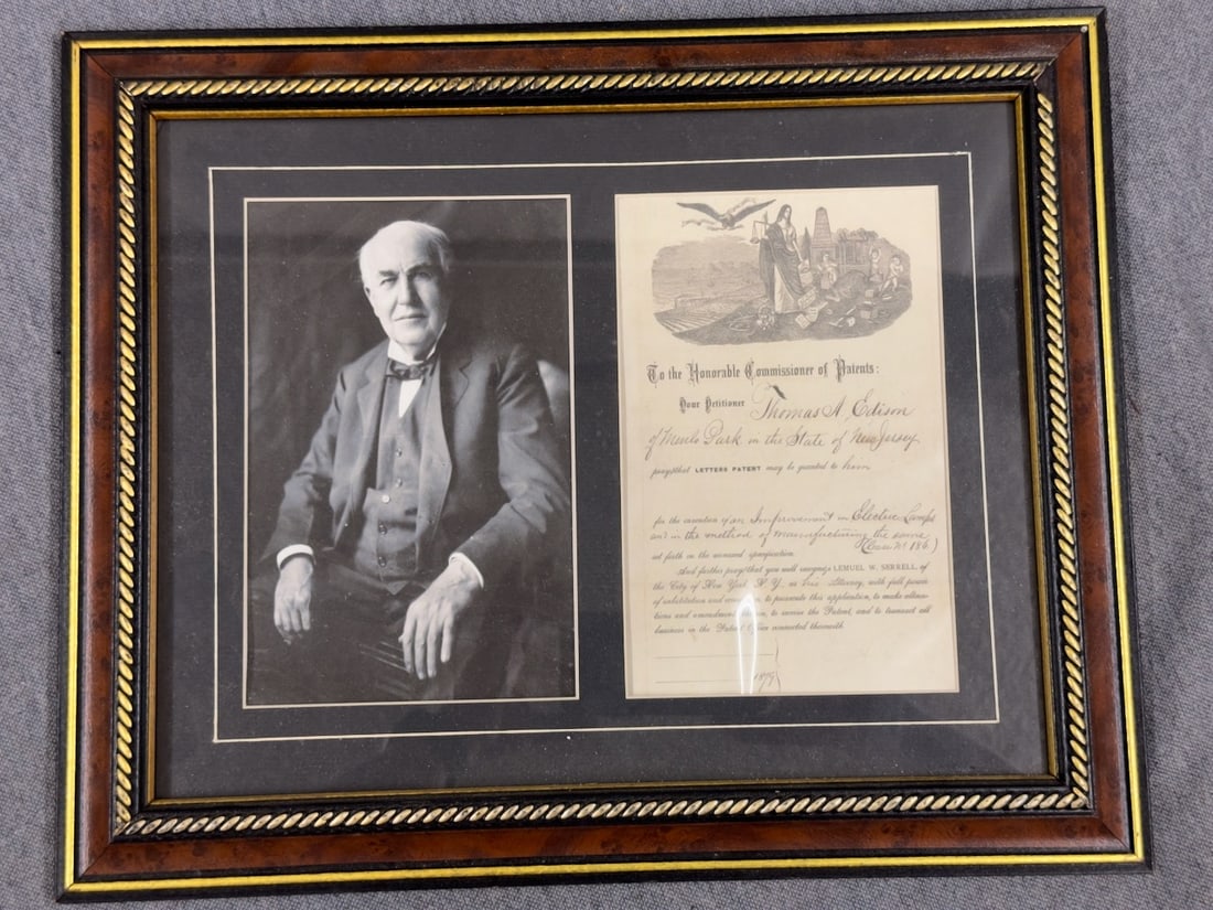 Edison Photograph and Patent Certificate: To the Honorable Commissioner of Patents. 1897, framed