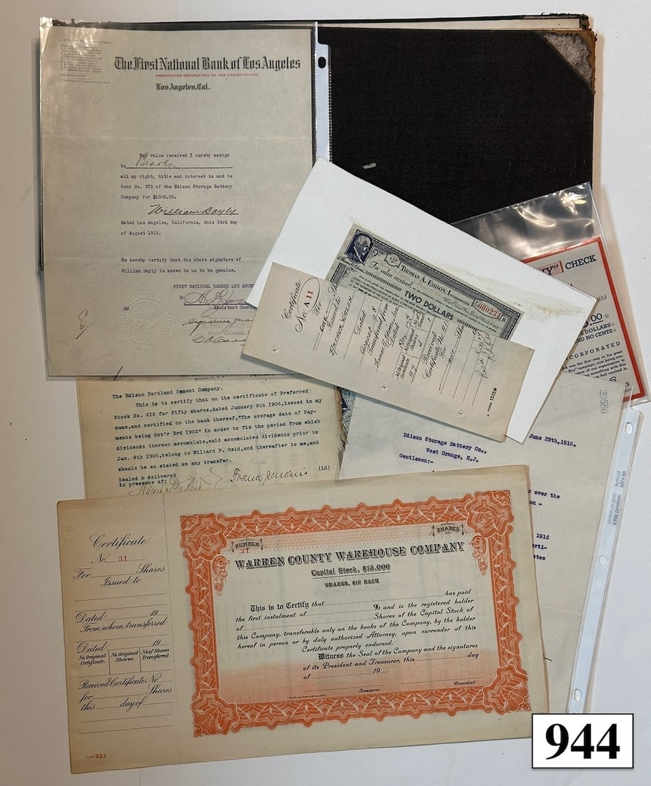 Stock Certificate., Letters and Related Edison Cement & Battey Storage Co. Items (1 of 1)