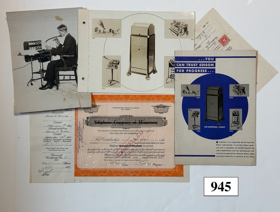Edison Ediphone Stock Certificate and B & W Photos (1 of 1)
