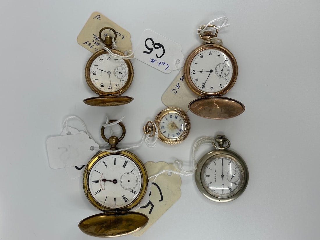 Group of 5 Pocket Watches: Includes, Elgin 12s Sundial, Elgin Crystal mspg & Elgin 16s H.C.