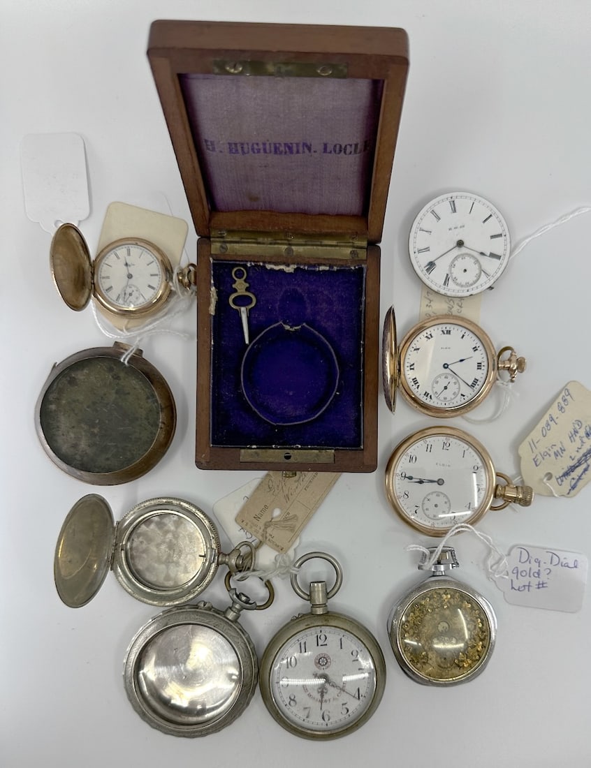 Group of Pocket watches and cases: Including three Elgin's, K.W. movement, Rosskoppe, cases. Misc...see pic.