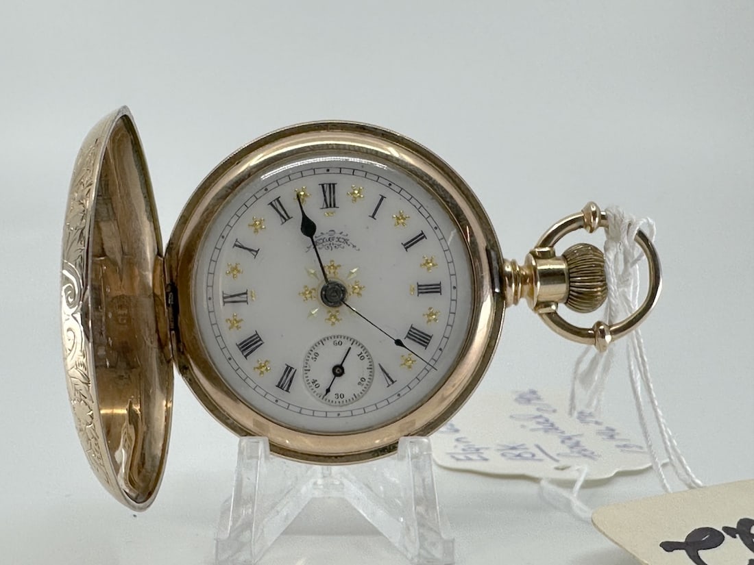 Elgin 18k Pocket Watch: 6s, 15j, fancy dial, 13146278, marked 18k, c1906.
