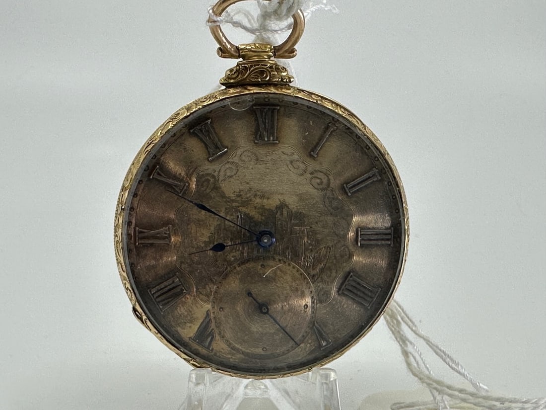 M.J. Tobias 18K Pocket Watch: K.W. Lever Esc.. 18k Marked, gold dial, c1860.