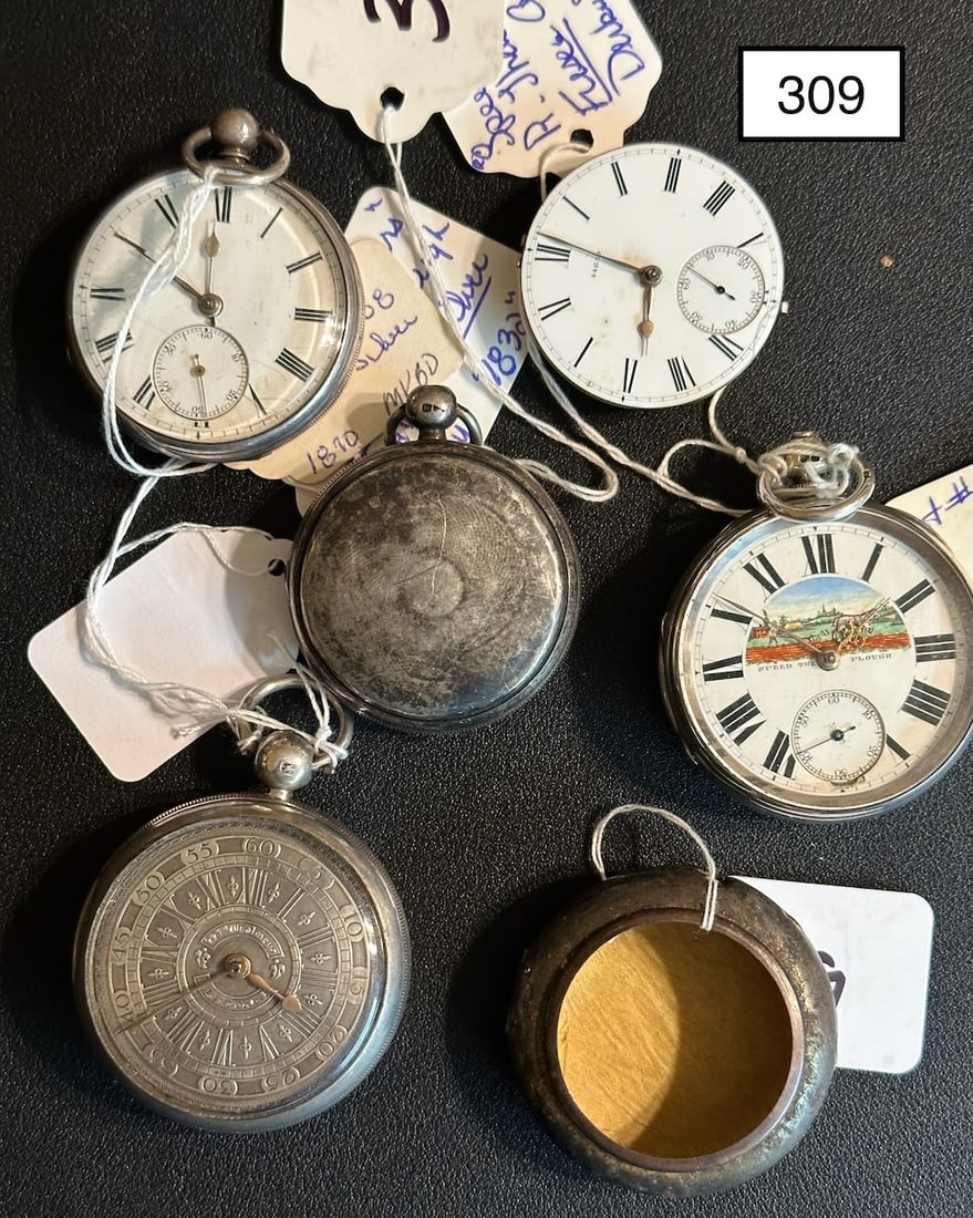 Group of Fusee Pocket Watches & Parts: 3 Complete pocket watches including W.L. Chalmers, fusee, Edenburgh, Scotland, Silver, 7714, c1832., English fusee, London, silver, 53808, c1870, Speed The Plough, R. Thacker, fusee, English. C1825. A