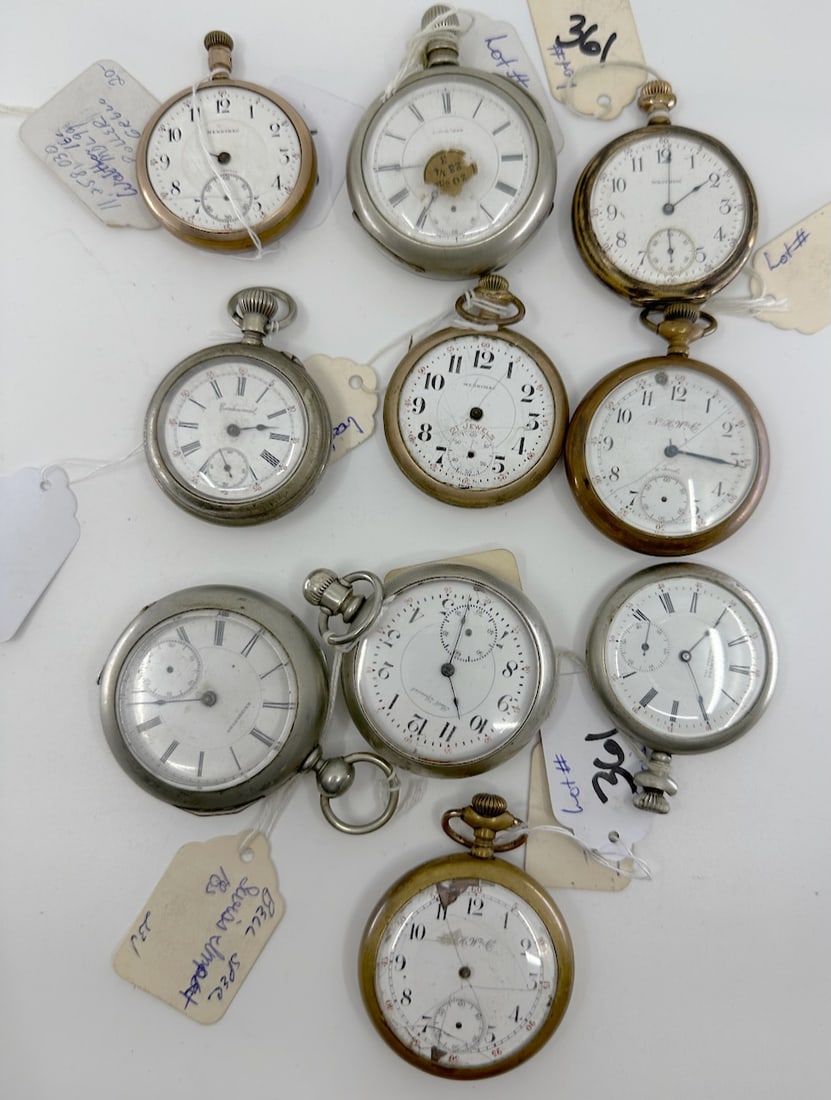 Group of 10 Pocket Watches: Includes, Merrimac, Bell Special, Edgemere, Bridgeport, H.W., Waltham Etc., Various conditions some missing pieces. For parts or repair