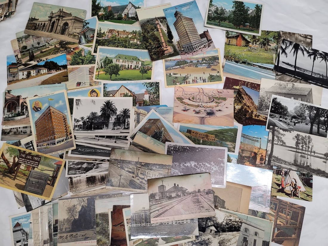 Group of 100 Postcards: Includes California Homes, Theatres, Public Library, Hotels etc. Wisconsin Soo Depot, University of Minn., Indian Pictures, Arizona "Jail Tree", etc.