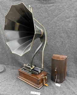 Edison Home Cylinder Phonograph: H Reproducer, crank, cover, and cygnet no. 10 horn.